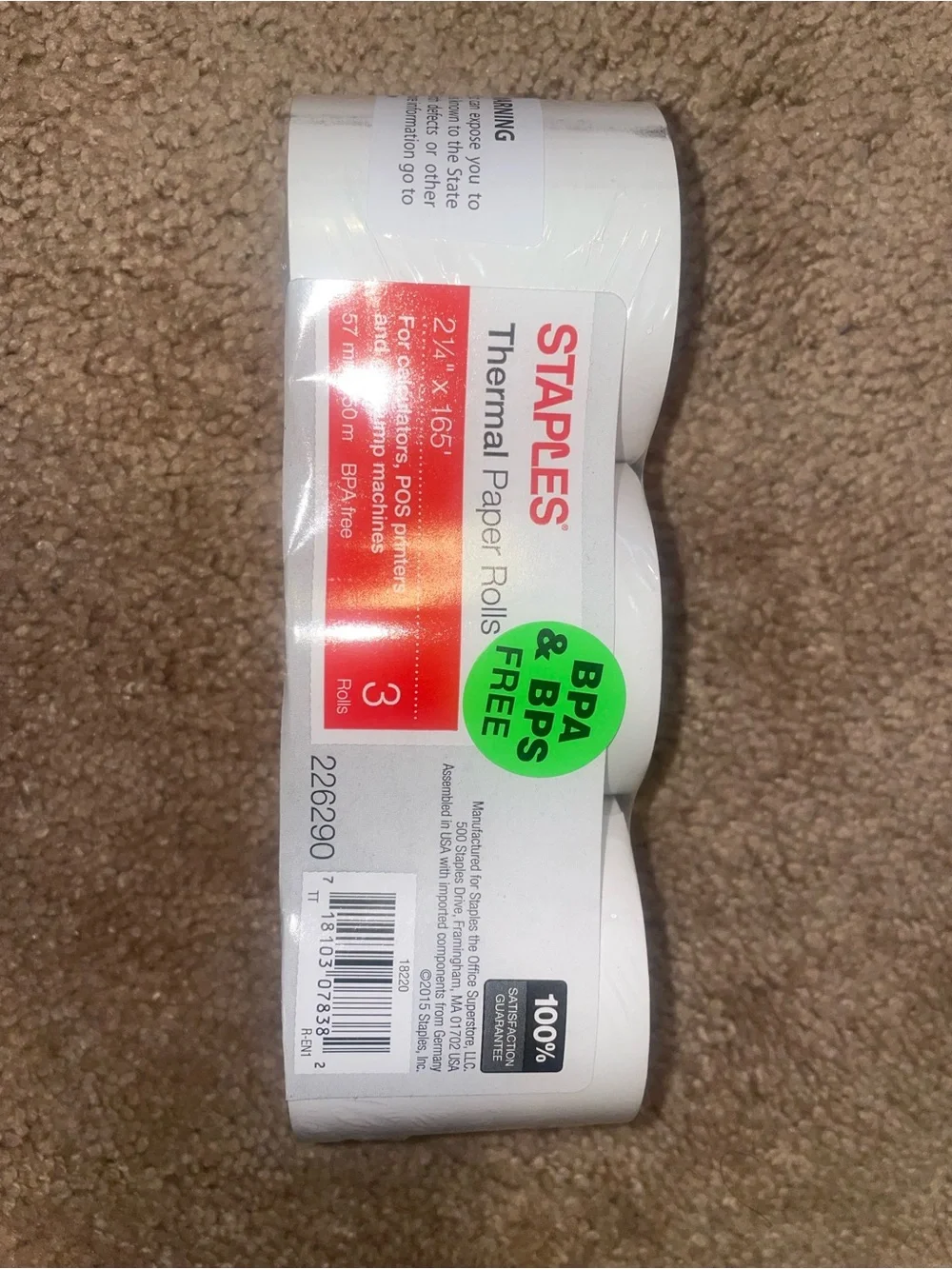 Staples White Thermal Paper Rolls - BPA & BPS Free (3 Pack)